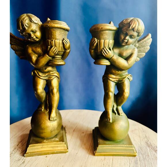 Golden Cherub Vintage Candle Holders , Set of Angel Candleholders - Picture 9 of 10